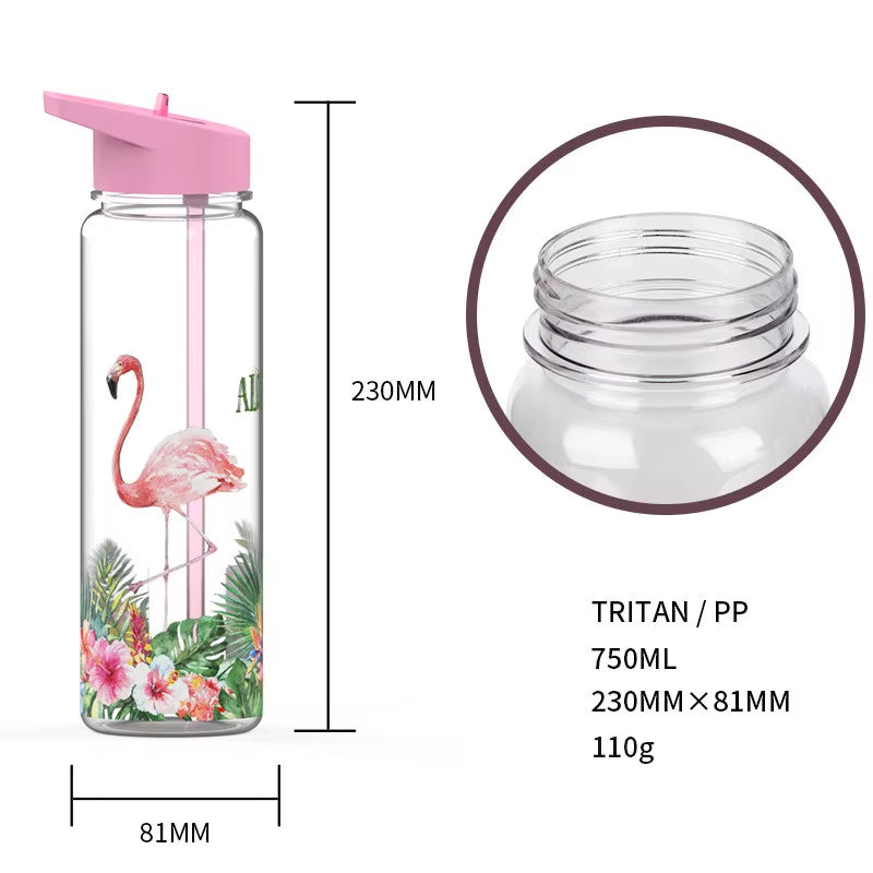Bpa Free 750Ml 100%Tritan Sports Outdoor Straw Water Bottle with Flamingos Printing My Drink Juice Handle the Unicorn Kettle